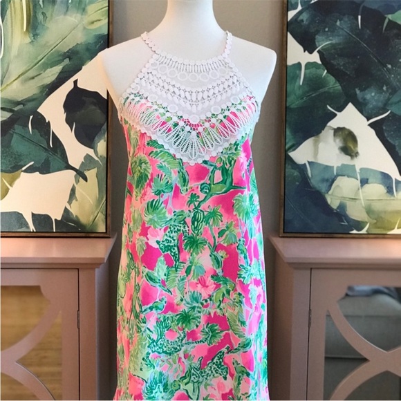 Lilly Pulitzer Pink and Green Floral Dress with Crochet Neckline - Picture 3 of 9